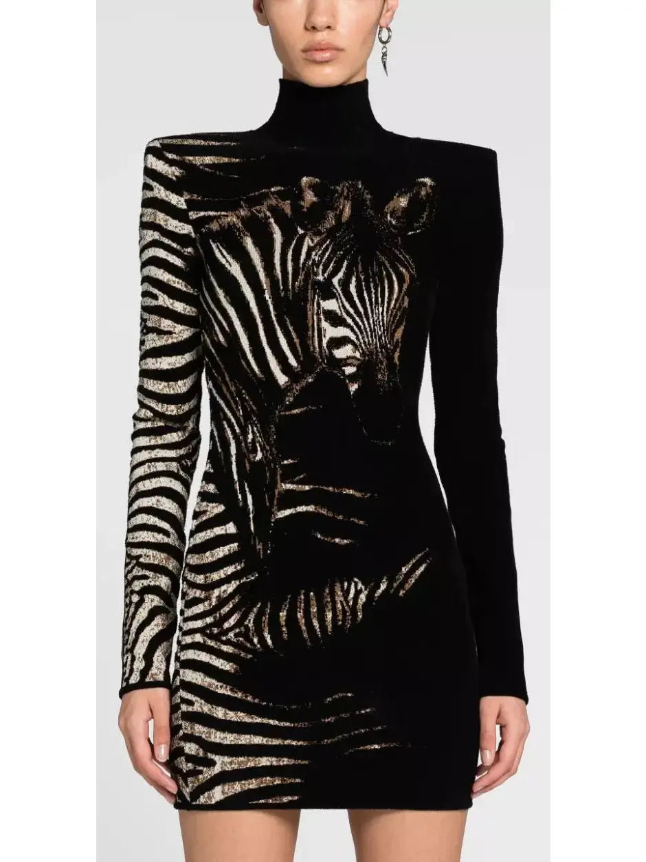 Black and White Zebra Jacquard Mini Dress - Dresses