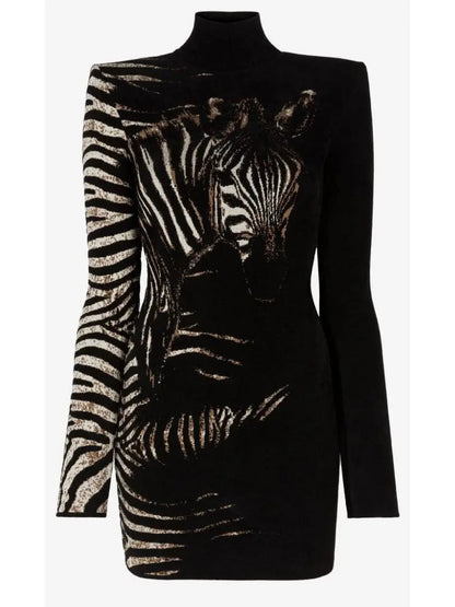 Black and White Zebra Jacquard Mini Dress - Dresses