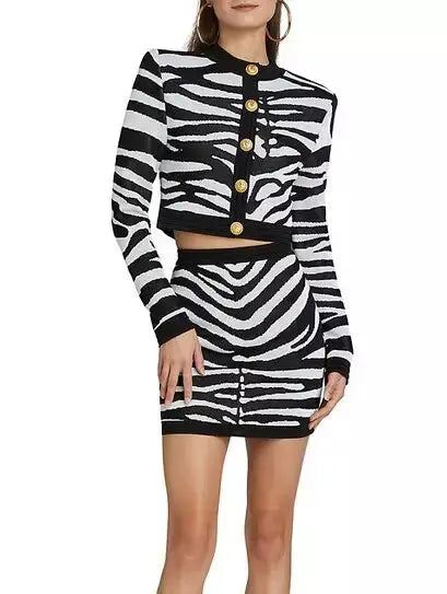 Black and White Zebra Print Knit Cropped Cardigan and Mini Skirt Set - Suits & Sets