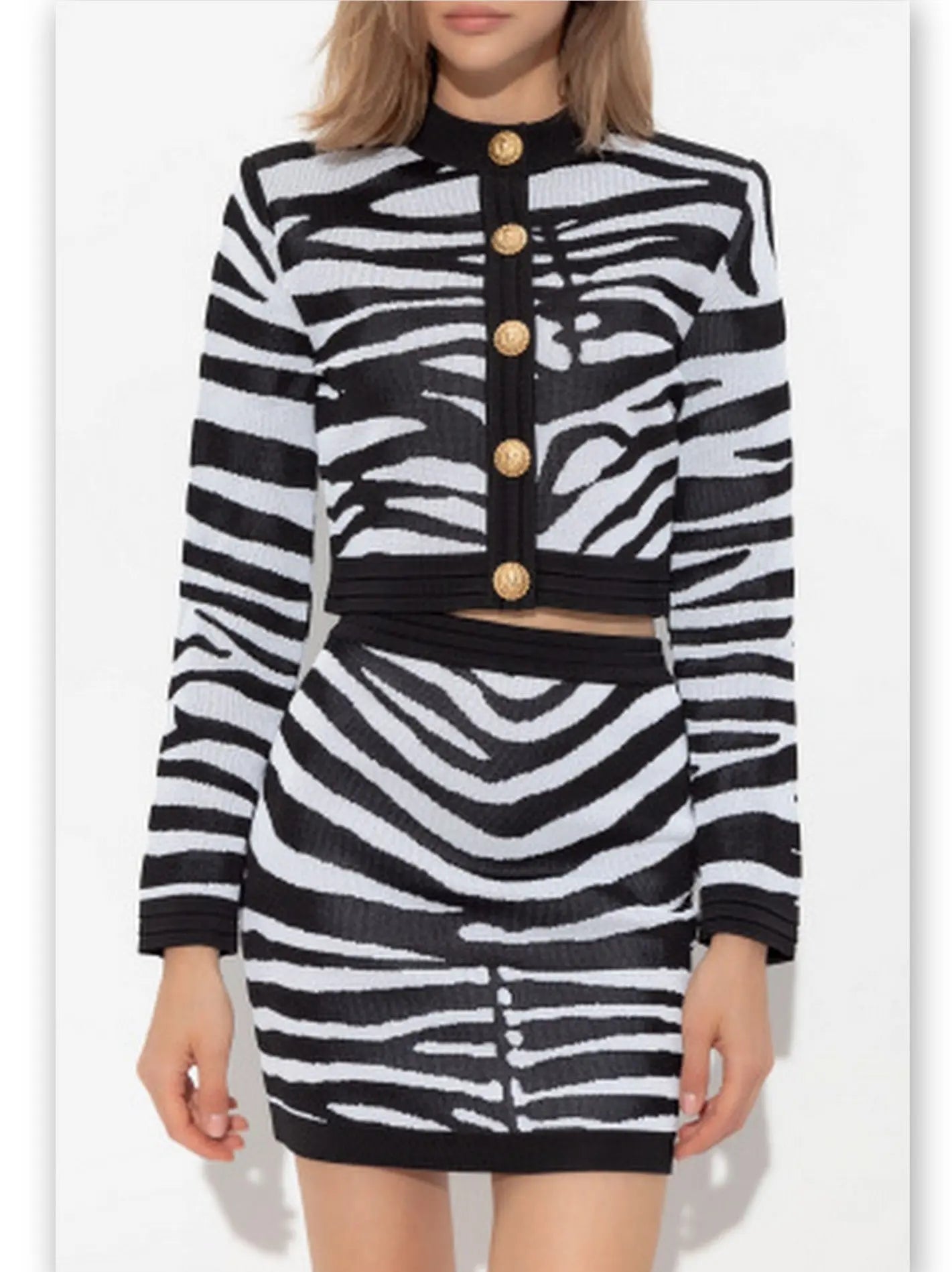 Black and White Zebra Print Knit Cropped Cardigan and Mini Skirt Set - Suits & Sets