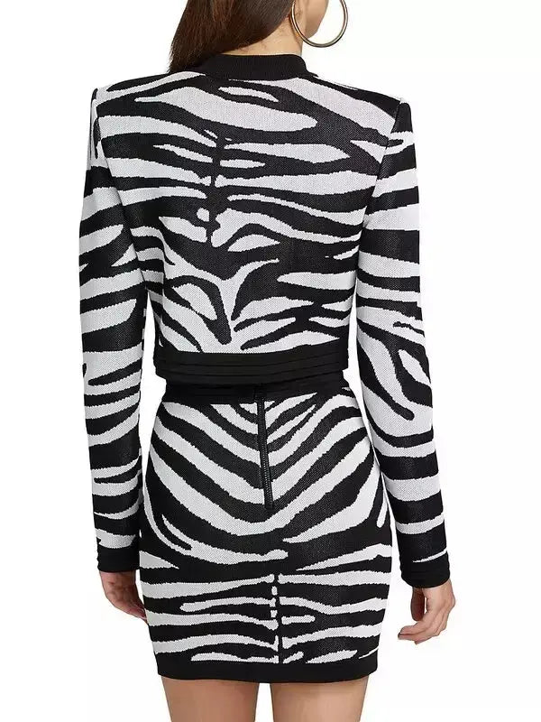 Black and White Zebra Print Knit Cropped Cardigan and Mini Skirt Set - Suits & Sets