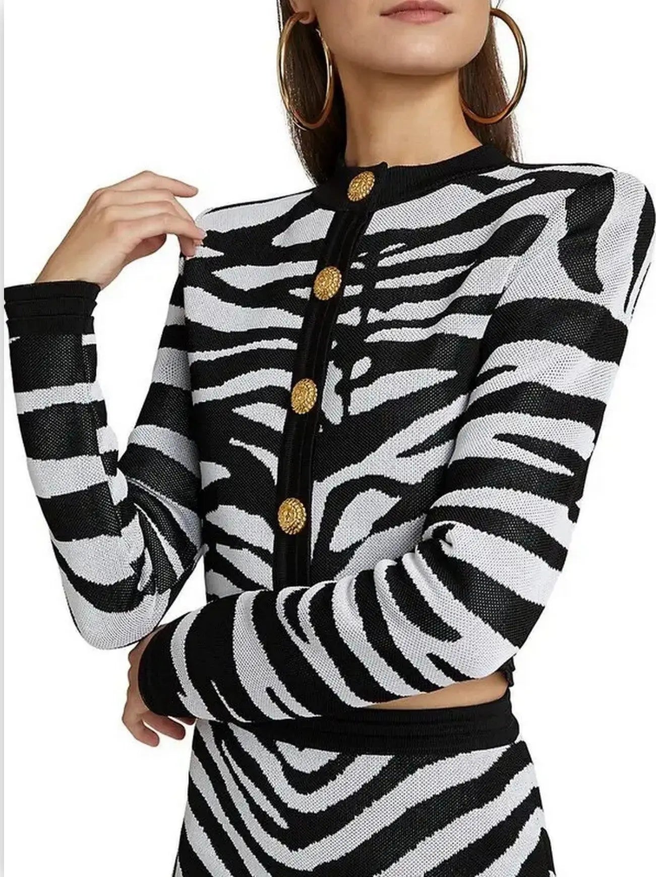 Black and White Zebra Print Knit Cropped Cardigan and Mini Skirt Set - Suits & Sets