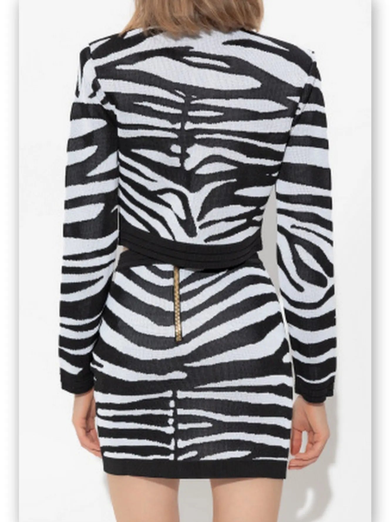 Black and White Zebra Print Knit Cropped Cardigan and Mini Skirt Set - Suits & Sets