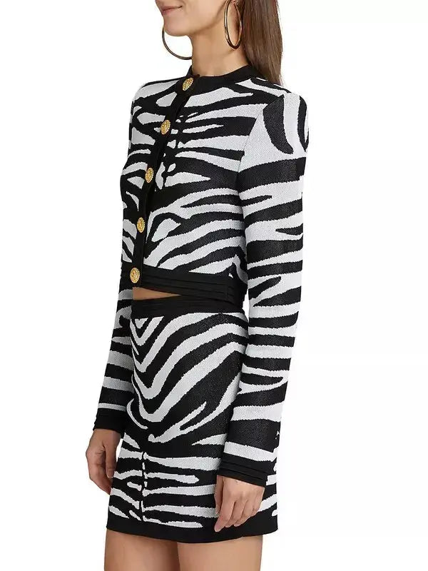 Black and White Zebra Print Knit Cropped Cardigan and Mini Skirt Set - Suits & Sets