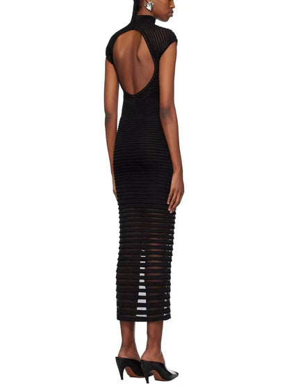 Black Backless Striped Semi-Sheer Maxi Dress - Dresses