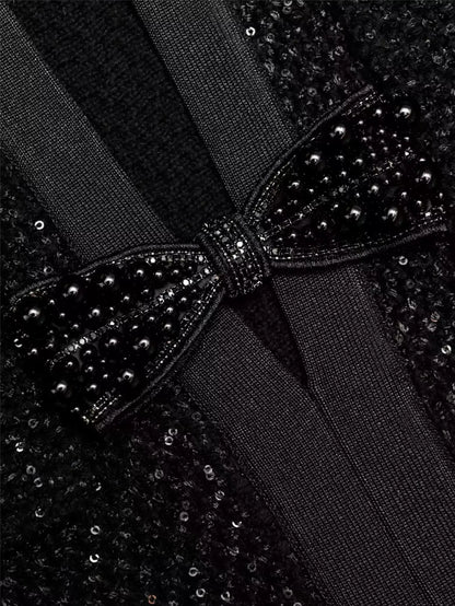 Black Beaded Bow Knit Tweed Mini Dress - Dresses