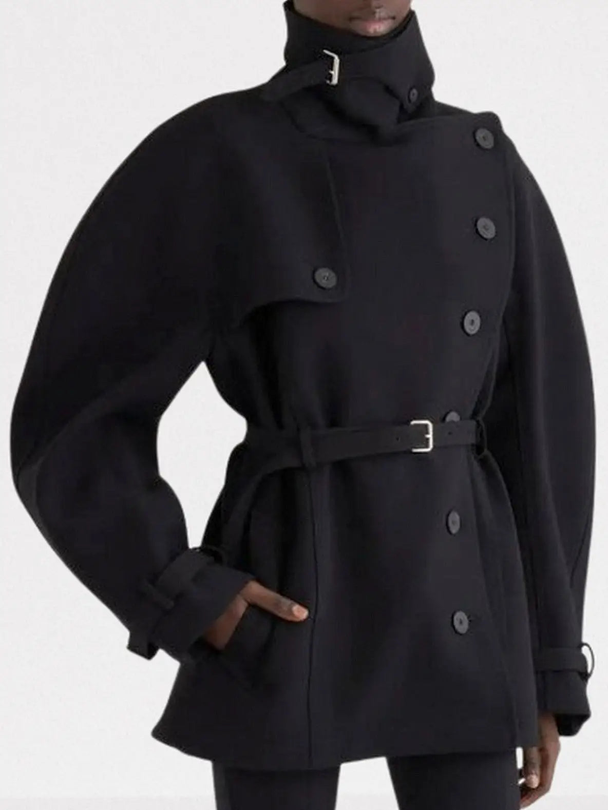 Black Belted Short Tailored Trench Coat - Jackets