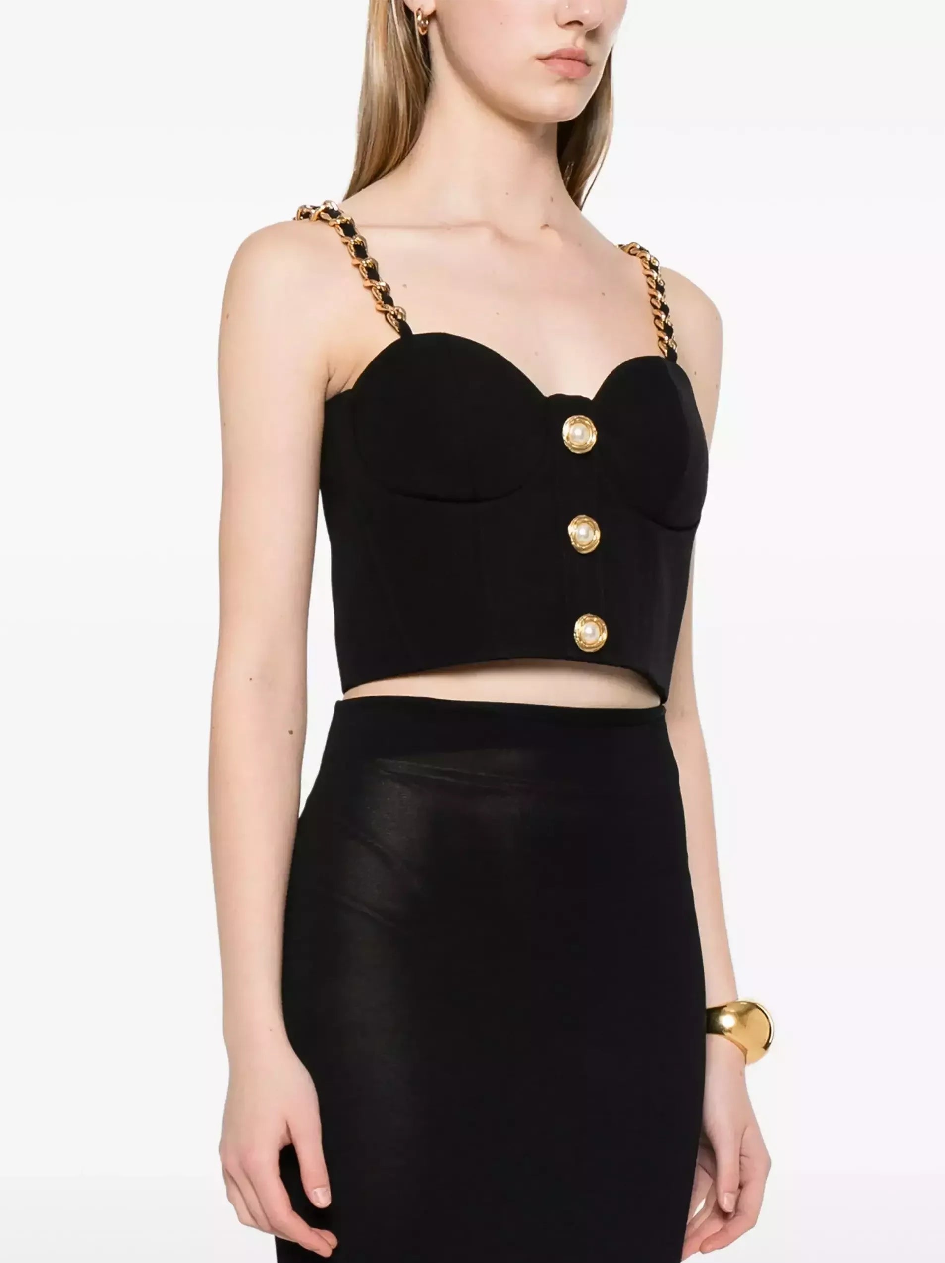 Black Bustier Top with Chain Straps and Decorative Buttons - Tops