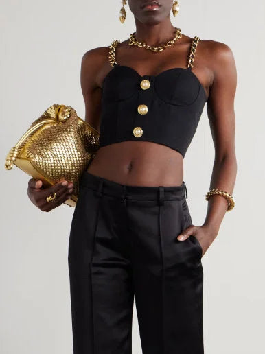 Black Bustier Top with Chain Straps and Decorative Buttons - Tops