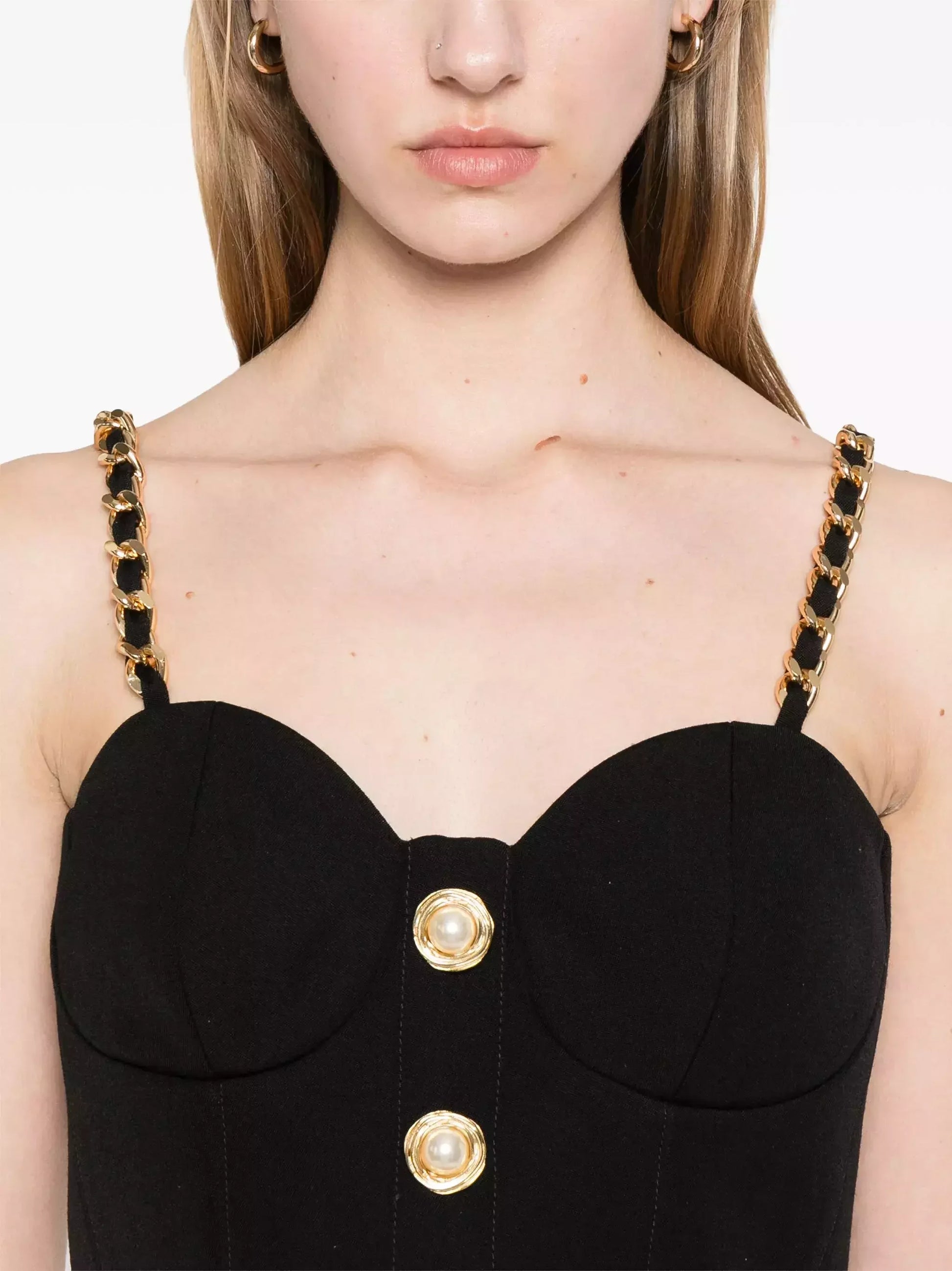 Black Bustier Top with Chain Straps and Decorative Buttons - Tops