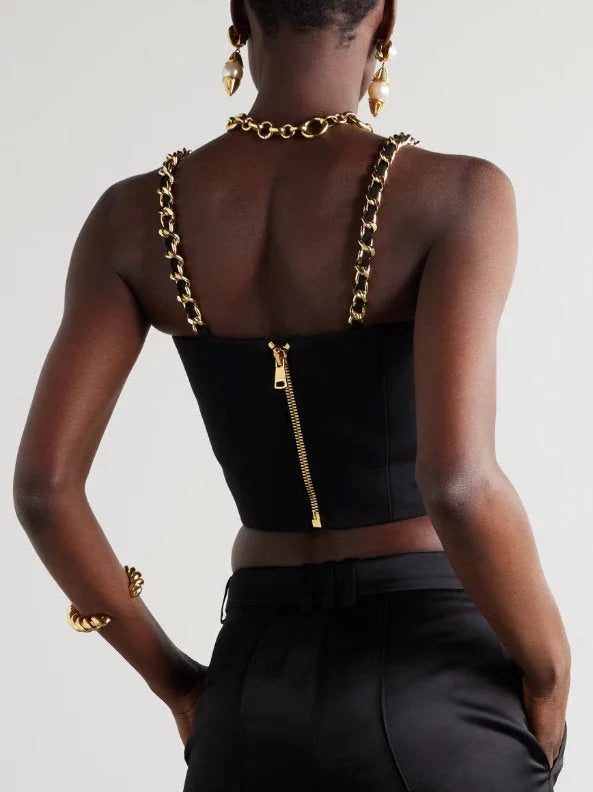 Black Bustier Top with Chain Straps and Decorative Buttons - Tops
