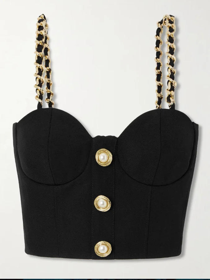 Black Bustier Top with Chain Straps and Decorative Buttons - Tops