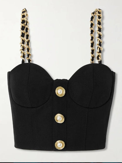 Black Bustier Top with Chain Straps and Decorative Buttons - Tops