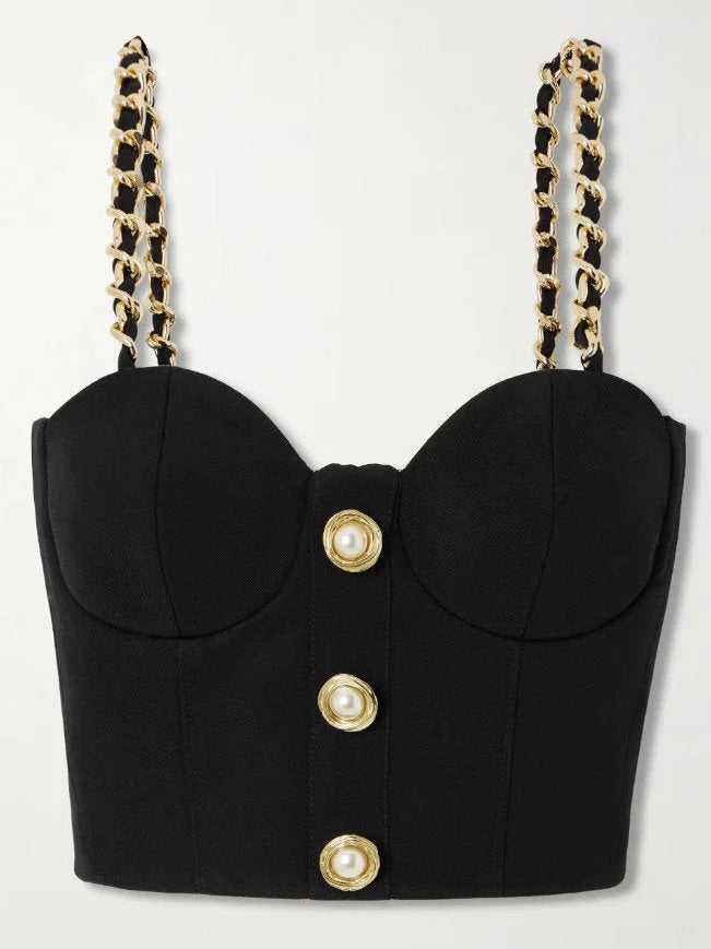 Black Bustier Top with Chain Straps and Decorative Buttons - Small - Tops