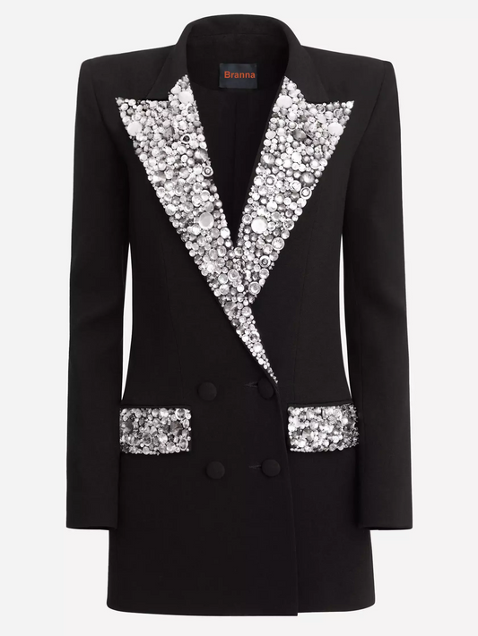 Black Cady Blazer-Mini Dress with Crystal-Embellished Collar and Pockets - Dresses