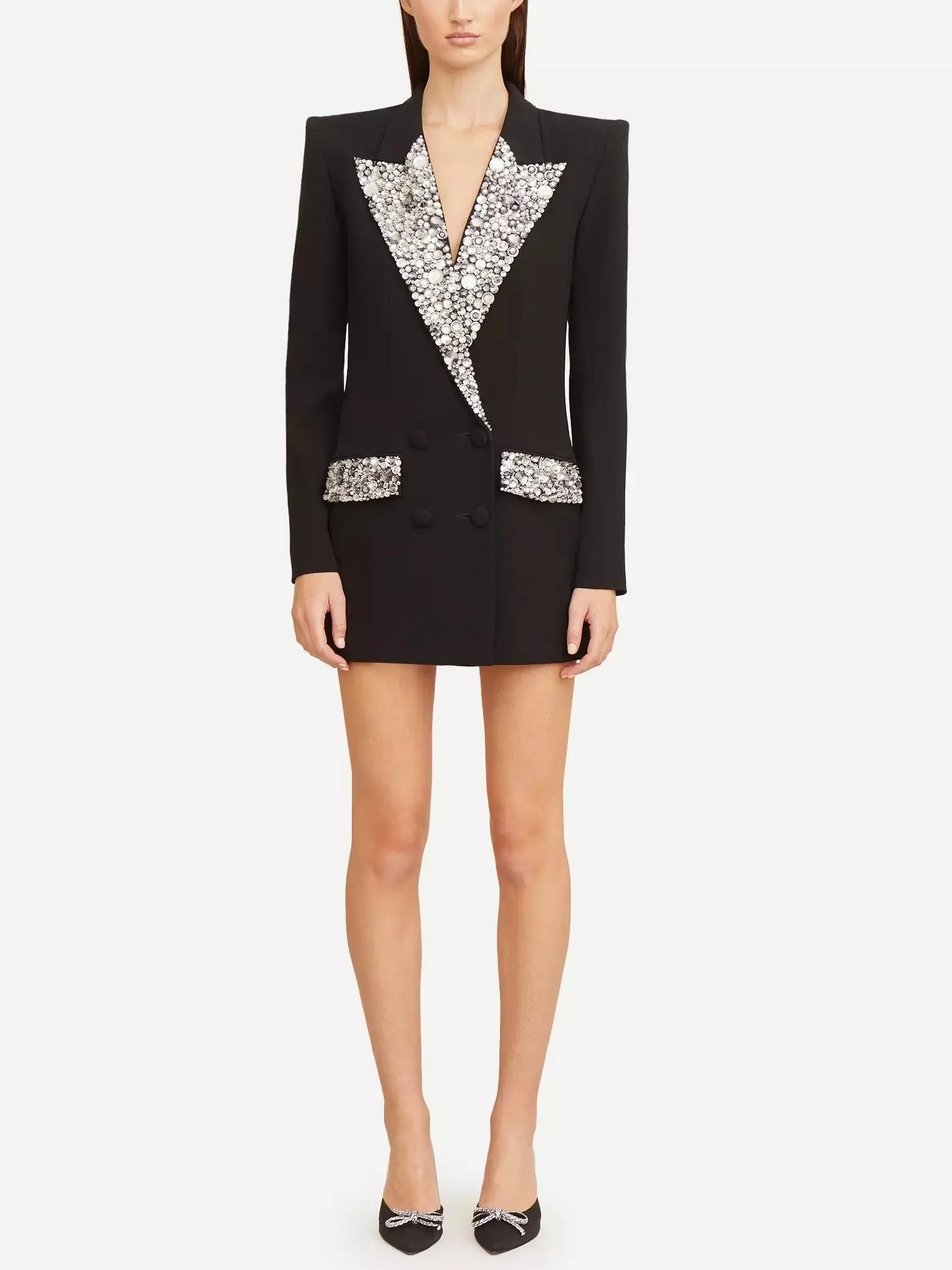 Black Cady Blazer-Mini Dress with Crystal-Embellished Collar and Pockets - Dresses