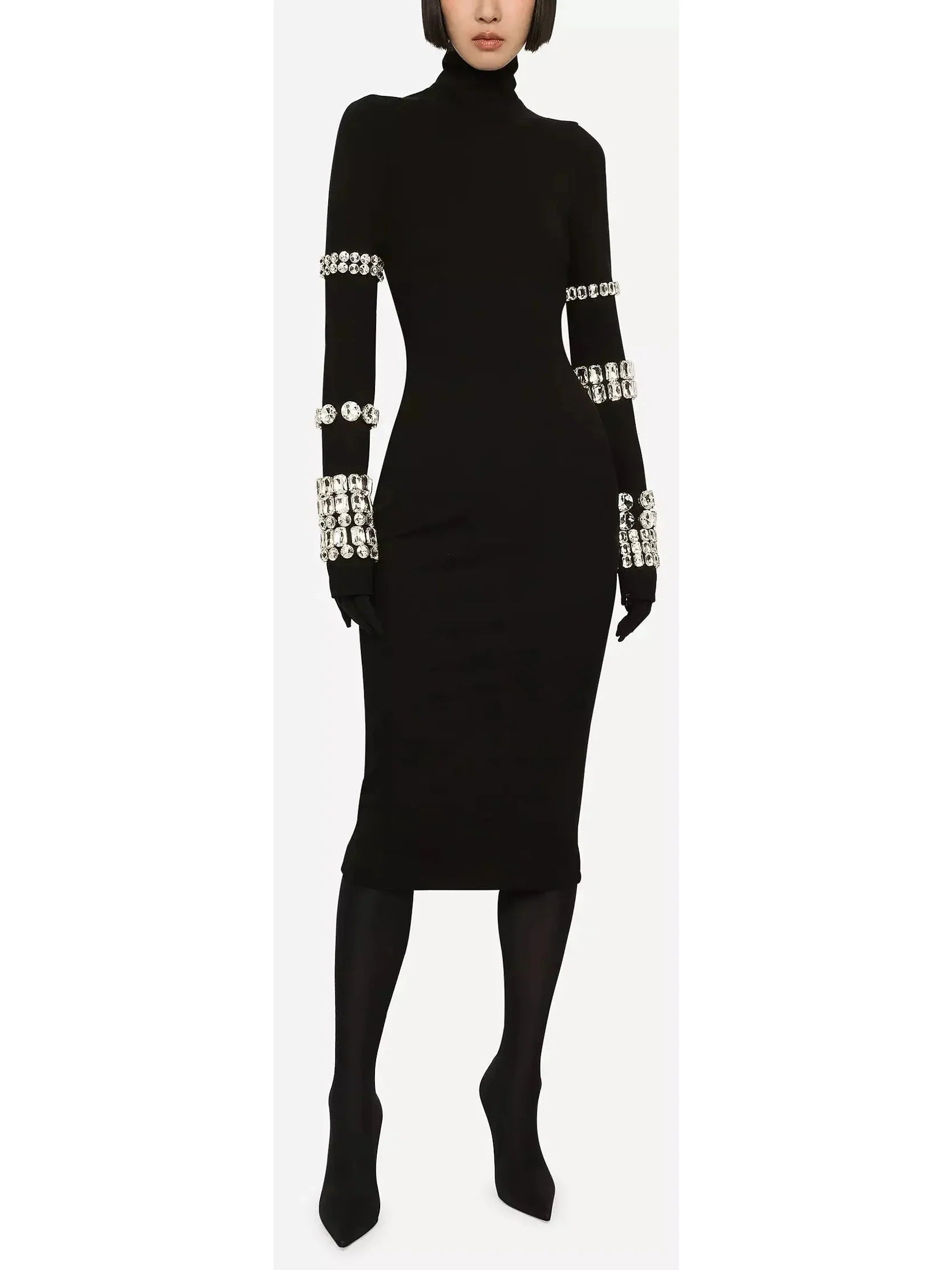 Black Calf-Length Stretchy Dress with Rhinestones - Dresses