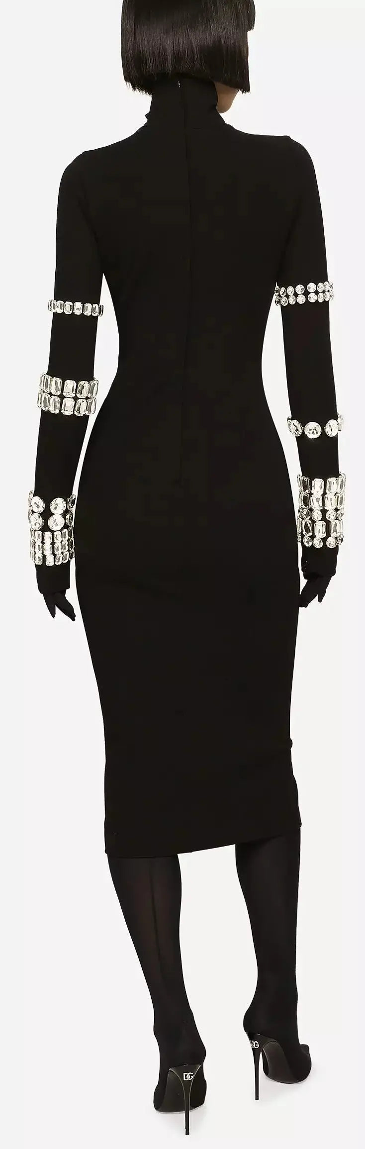 Black Calf-Length Stretchy Dress with Rhinestones - Dresses