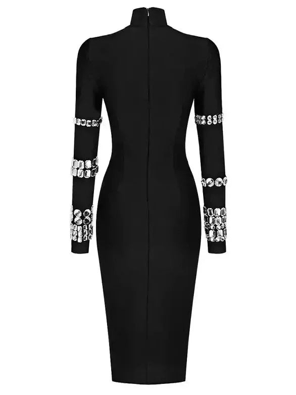 Black Calf-Length Stretchy Dress with Rhinestones - Dresses