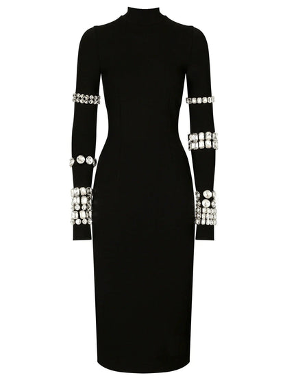 Black Calf-Length Stretchy Dress with Rhinestones - Dresses