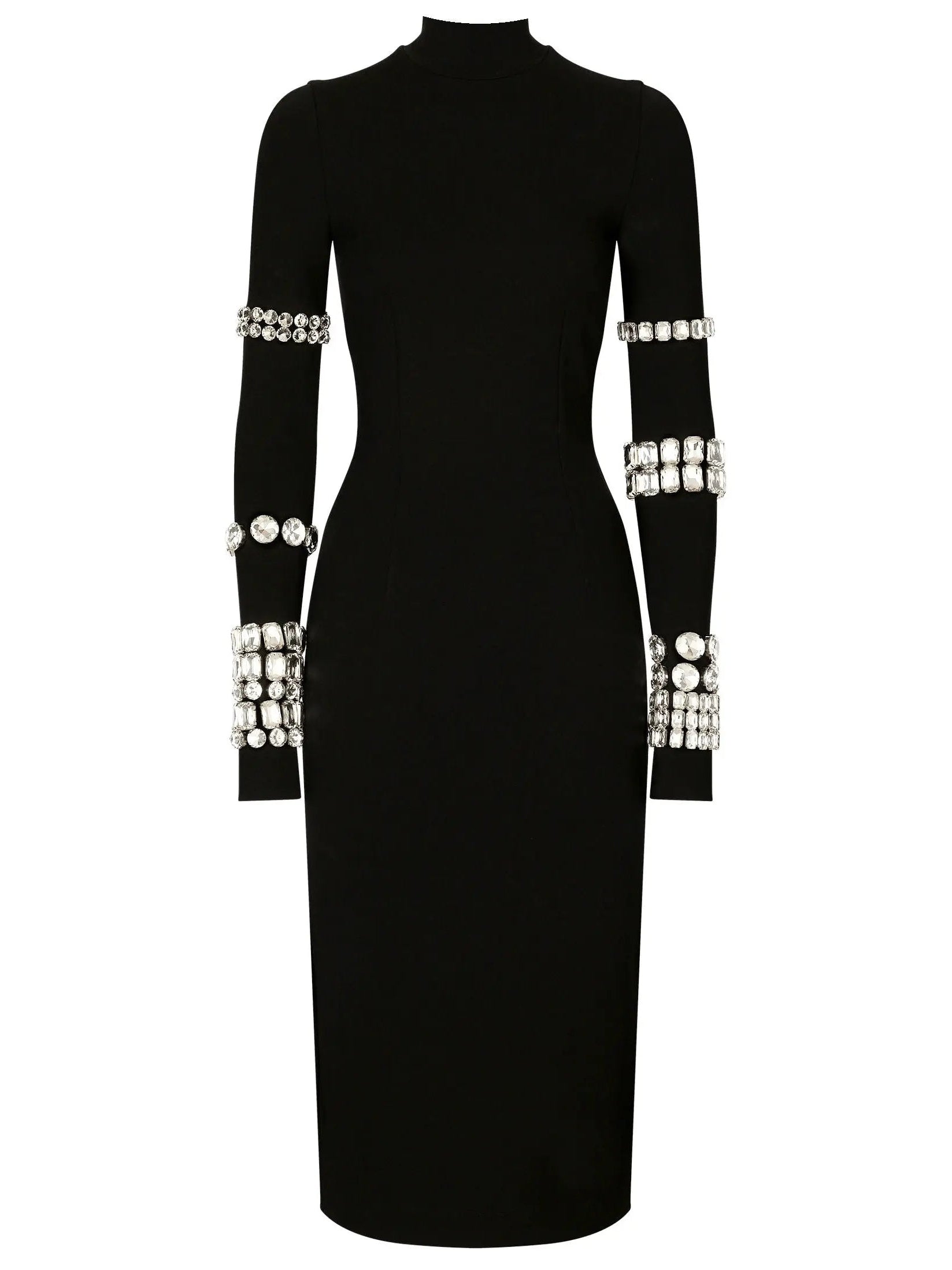 Black Calf-Length Stretchy Dress with Rhinestones - s - Dresses