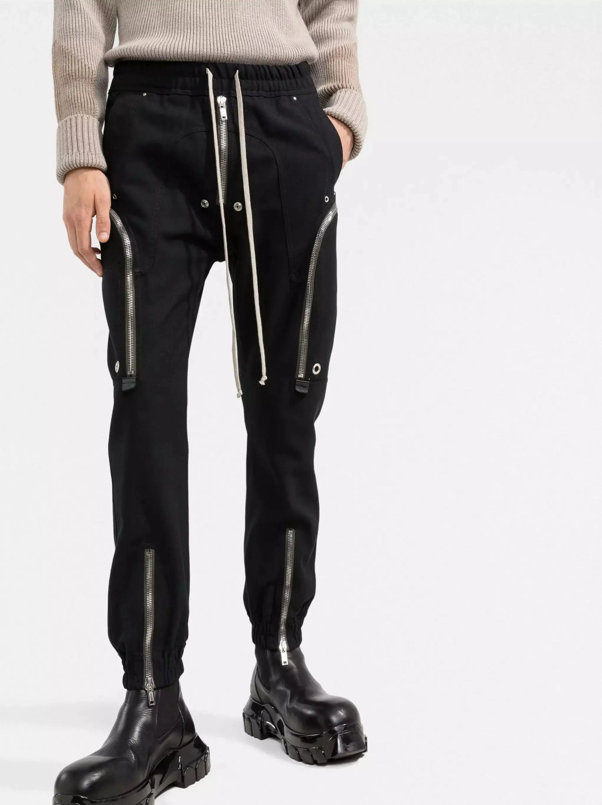 Black Cargo Pants with Zip-Detail and Tie-Waist - Jeans & Pants