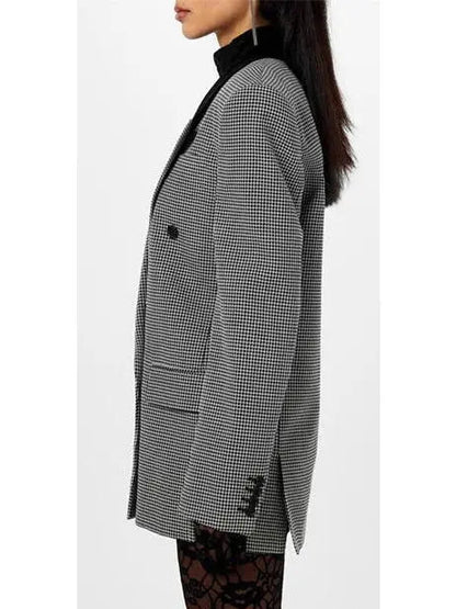 Black Checked Double-Breasted Wool Blazer with Velvet Collar - Jackets