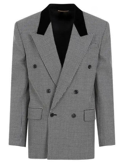 Black Checked Double-Breasted Wool Blazer with Velvet Collar - Jackets