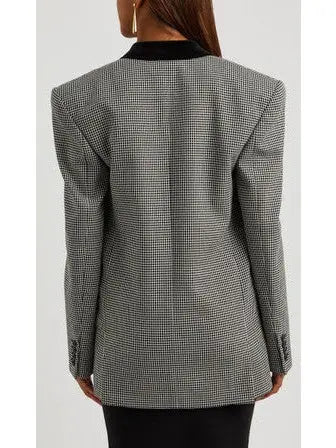 Black Checked Double-Breasted Wool Blazer with Velvet Collar - Jackets