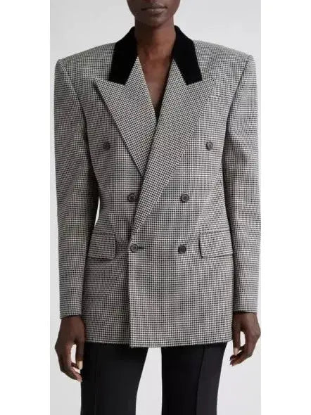 Black Checked Double-Breasted Wool Blazer with Velvet Collar - Jackets