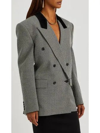 Black Checked Double-Breasted Wool Blazer with Velvet Collar - Jackets