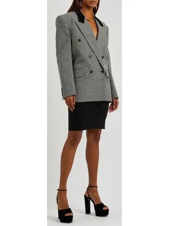 Black Checked Double-Breasted Wool Blazer with Velvet Collar - Jackets