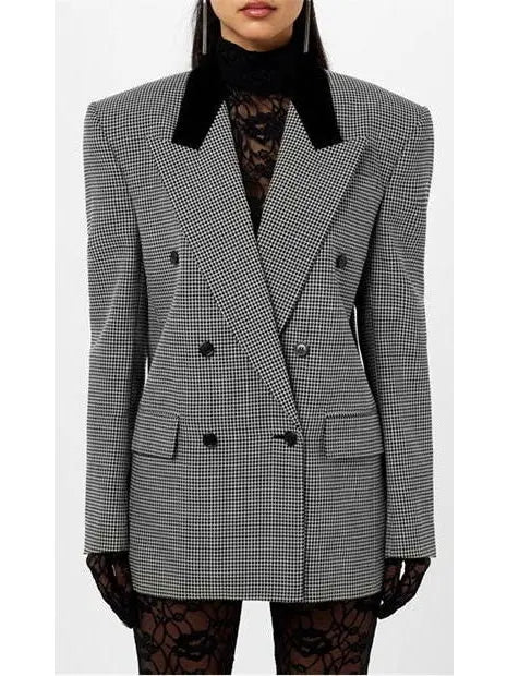 Black Checked Double-Breasted Wool Blazer with Velvet Collar - Jackets