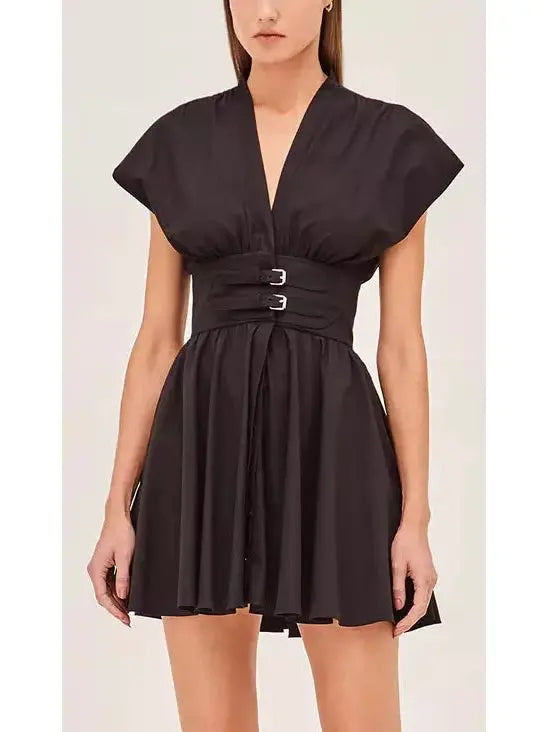 Black Concealed Button-Down V-Neck Double-Belted Mini Dress - Dresses