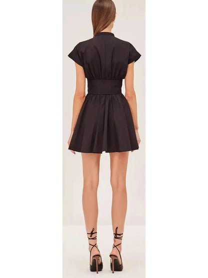 Black Concealed Button-Down V-Neck Double-Belted Mini Dress - Dresses