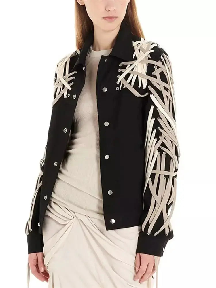 Black Cotton Jacket with Multi Lace-Up Detailing - Jackets