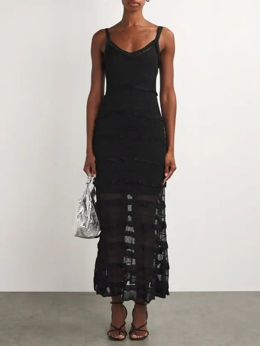 Black Crochet Long Knit Tiered Sleeveless Dress - Dresses