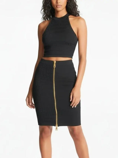 Black Crocodile Embossed Halter Top & Zip Skirt Set - Suits & Sets