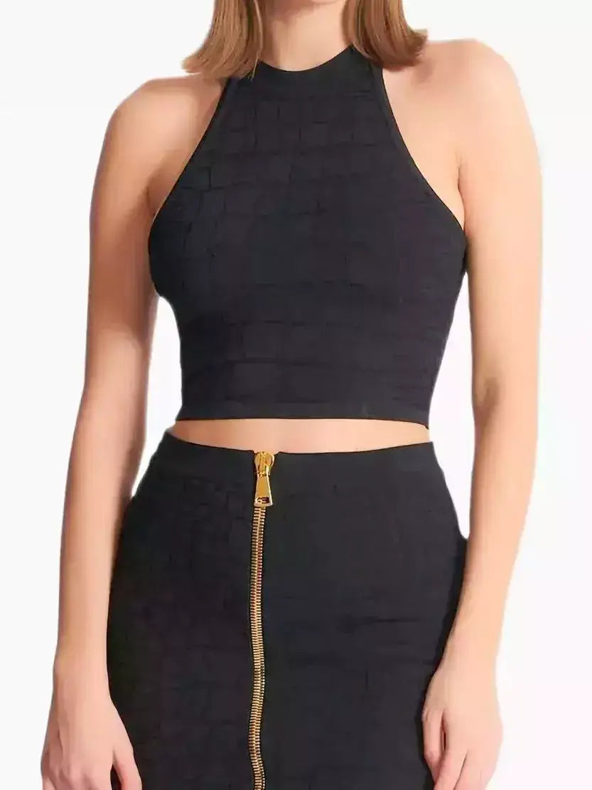 Black Crocodile Embossed Halter Top & Zip Skirt Set - Suits & Sets