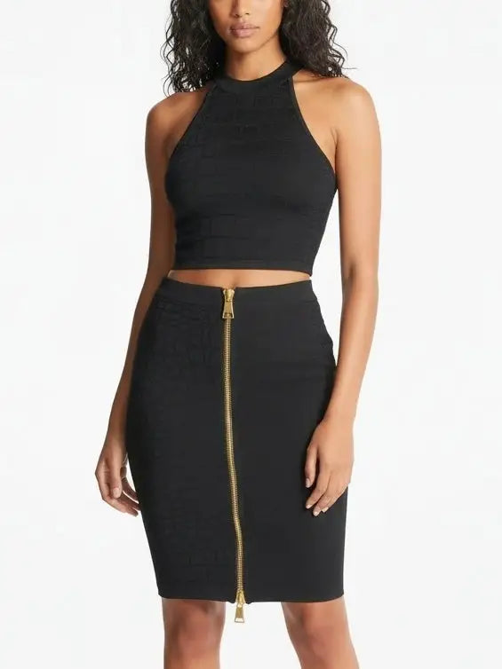 Black Crocodile Embossed Halter Top & Zip Skirt Set - Suits & Sets