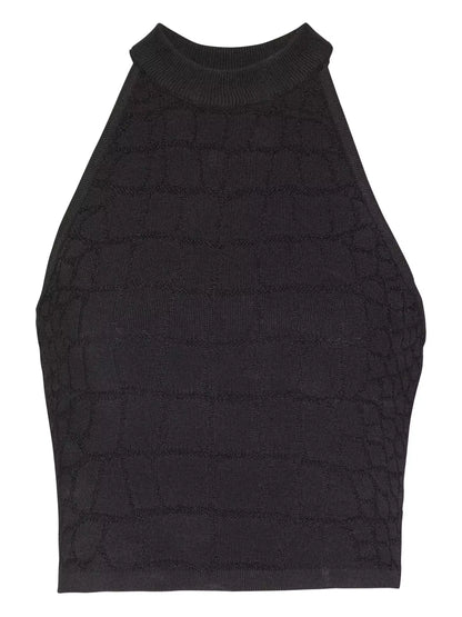Black Crocodile Embossed Halter Top & Zip Skirt Set - Suits & Sets