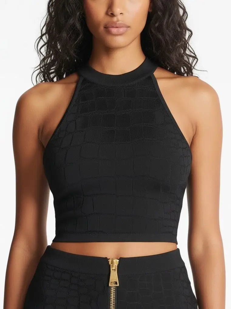 Black Crocodile Embossed Halter Top & Zip Skirt Set - Suits & Sets