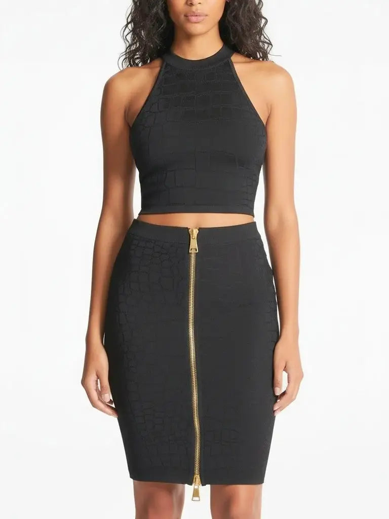 Black Crocodile Embossed Halter Top & Zip Skirt Set - Small - Suits & Sets