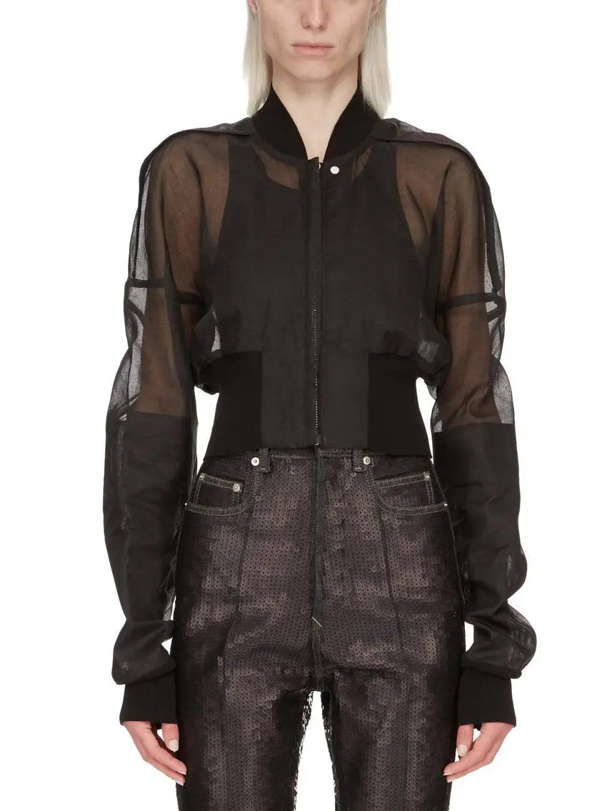 Black Cropped Sheer Bomber Jacket - Jackets