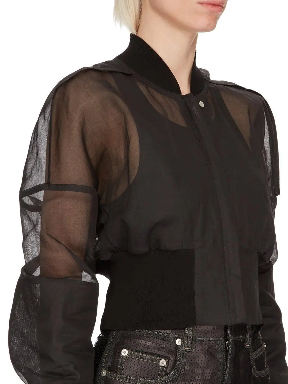 Black Cropped Sheer Bomber Jacket - Jackets