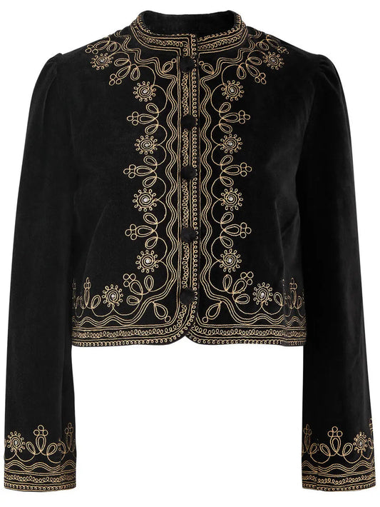 Black Cropped Velvet Jacket with Gold Embroidery - Jackets