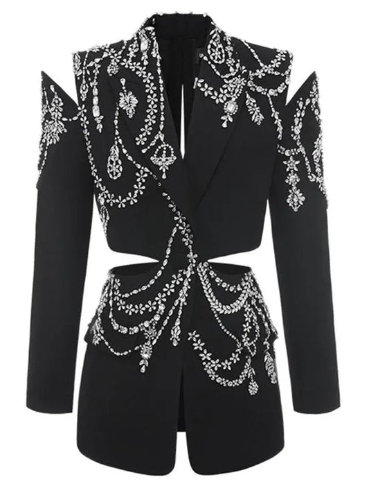 Black Crystal-Embellished Cutout Blazer Jacket - Jackets