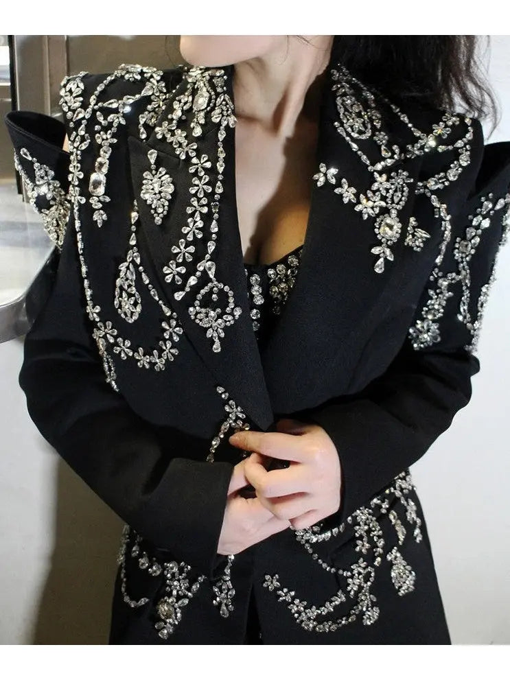 Black Crystal-Embellished Cutout Blazer Jacket - Jackets