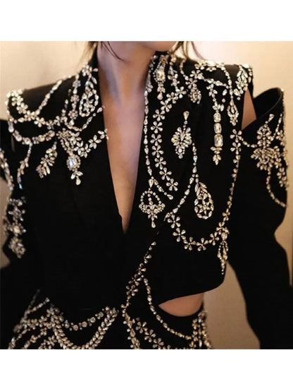 Black Crystal-Embellished Cutout Blazer Jacket - Jackets