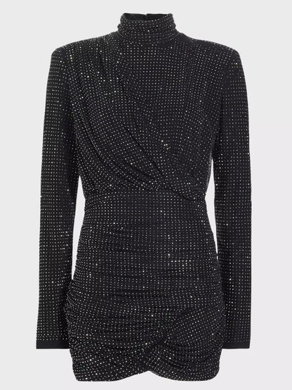 Black Crystal-Embellished Draped Jersey Mini Dress - Small - Dresses
